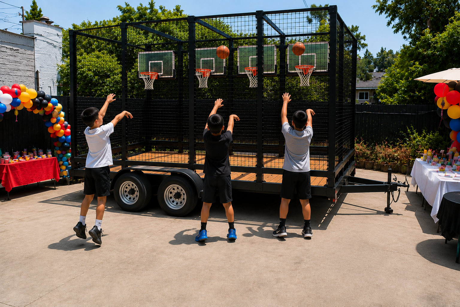 Kids shooting basketballs at the trailer